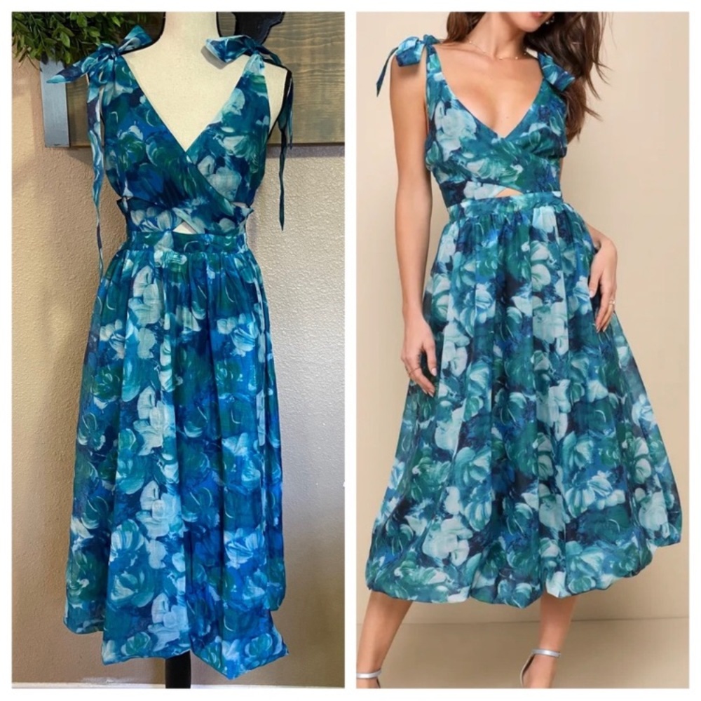 Lulu's Blue Green Floral Midi Dress with Shoulder Ties